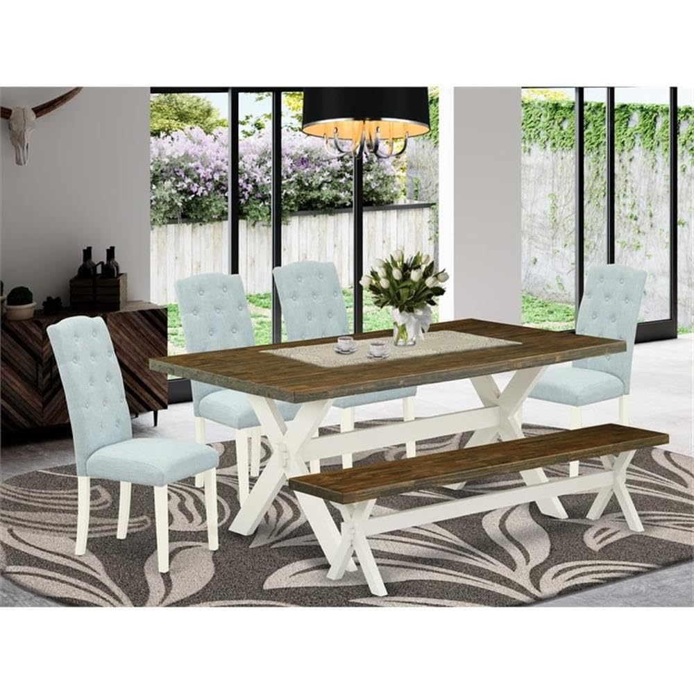 East West Furniture X077Ce215-6 6 Piece Dining Table Set Contains A Rectangle Dining Room Table And 4 Baby Blue Linen Fabric Parson Chairs With A Bench, 40X72 Inch, Multi-Color